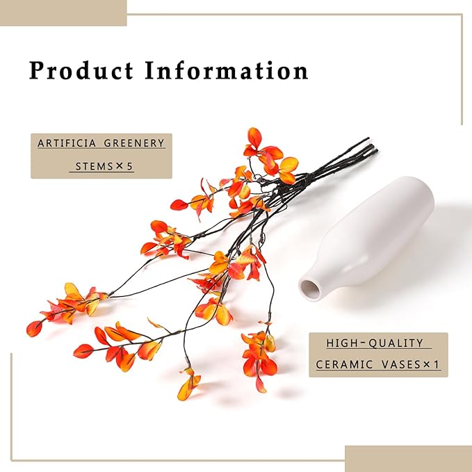 5Pcs Fall Stems Artificial Ficus Branches with Vases,Fall Faux Eucalyptus Stems in Flower Vase,Yellow Fake Plant leaves for Thanksgiving Autumn Home Bedroom Decor Centerpiece Table Decoration