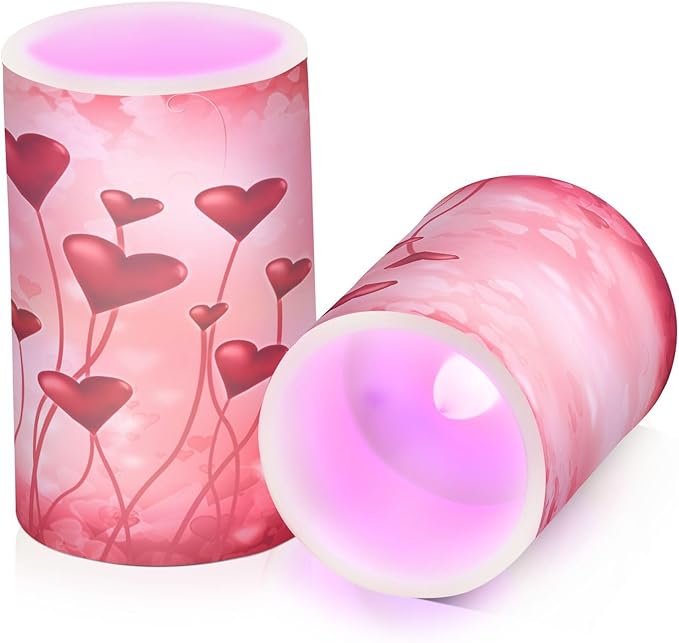 ALAZA Valentine's Day Red Hearts Pink Flickering Flameless Candles Battery Operated with Remote Timer,Tea Light Candles LED Pillar Votive Candles Set of 2 for Outdoor Indoor Decorations03