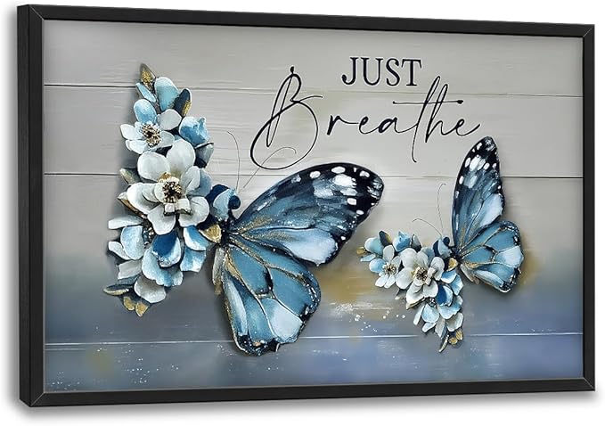 Lovira Blue Butterfly Large Wall Art Just Breathe Canvas Wall Decor Pictures Prints Painting Framed Artwork for Living Room Bedroom Bathroom Kitchen Office 24"x36"