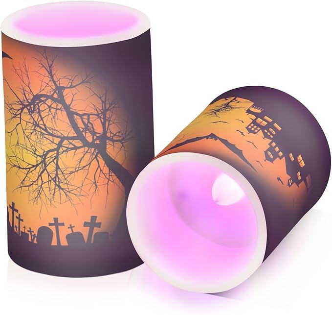 ALAZA Orange Halloween Castle Bat Flickering Flameless Candles Battery Operated with Remote Timer,Tea Light Candles LED Pillar Votive Candles Set of 2 for Outdoor Indoor Decorations 14