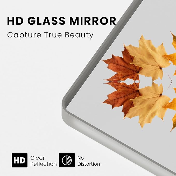 Brushed Nickel Bathroom Mirror 48x36 Inch, Brushed Silver Metal Frame Mirror Wall Mounted, Rounded Rectangle Bathroom Vanity Mirror, Tempered Glass, Anti-Rust, Horizontal/Vertical