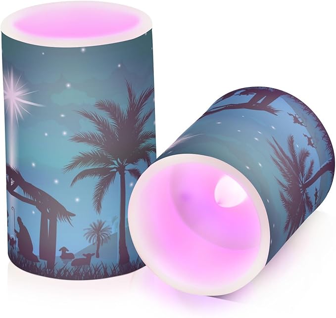 ALAZA Christmas Scene of The Nativity Flickering Flameless Candles Battery Operated with Remote Timer,Tea Light Candles LED Pillar Votive Candles Set of 2 for Outdoor Indoor Decorations