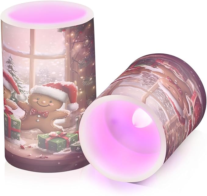 ALAZA Cute Christmas Gingerbread Santa Hat Snow Flickering Flameless Candles Battery Operated with Remote Timer,Tea Light Candles LED Pillar Votive Candles Set of 2 for Outdoor Indoor Decorations