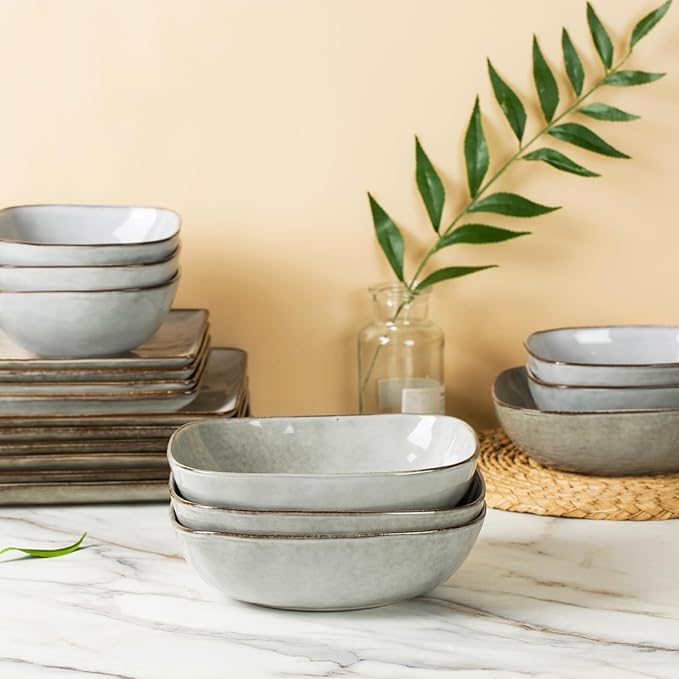 famiware Large Pasta Bowls Set of 4, Ocean Square 8" Bowls, Pasta Serving Bowl Large Dinner Bowls, Kitchen Bowl Set, Microwave and Dishwasher Safe, Scratch Resistant, Grey