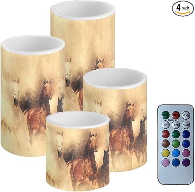 Vintage Running Horse Outdoor Waterproof LED Candles Battery Operated Set of 4 with Timer Remote Colour Changing Pillar Candles for Fall Halloween Decor