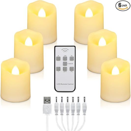 LED Tea Lights Rechargeable Candles with USB Charging Cable, 6 PCS Votive Tea Light with Remote, Flameless Flickering Warm White Tealights Candle for Halloween, Pumpkin Light, Christmas Decoration