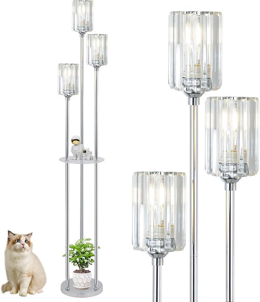 HMVPL Crystal Floor Lamps for Living Room, Modern Floor Lamp with Shelves, 3-Lights Standing Lamp with Crystal Shade, On/Off Foot Switch, Silver Corner Floor Lamp for Bedroom Living Room Office(66")