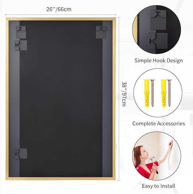 Koonmi Gold Mirrors for Wall, 26x38 Inch Bathroom Mirror, Rectangular Wall Mirror for Living Room Bedroom Bathroom, Hangs Horizontally or Vertically