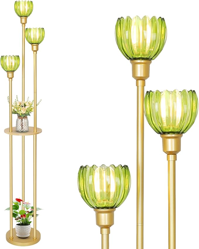 HMVPL MVPL Crystal Floor Lamp with Shelves,Floor Lamps for Living Room (Gold-Green Flower Shade, Glass)