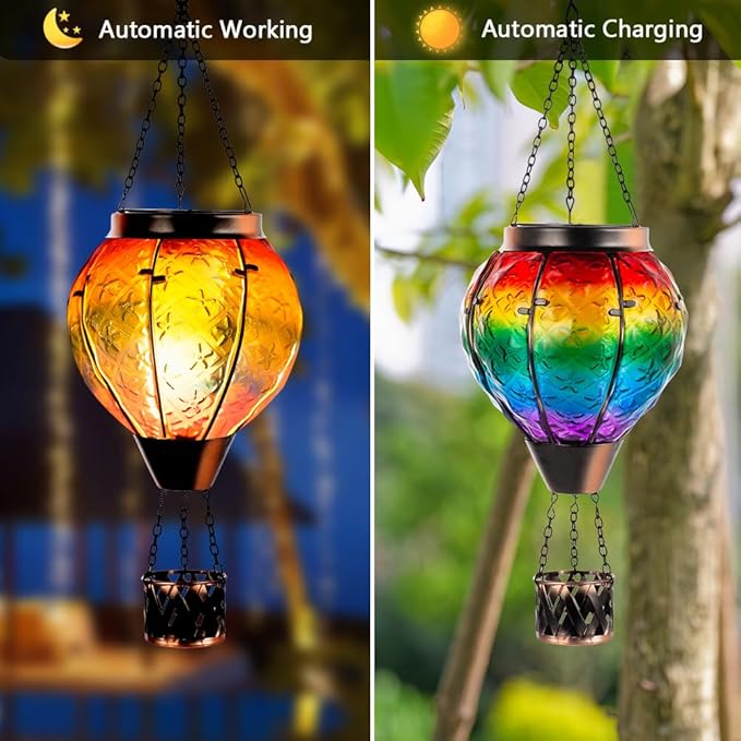 DREAMSOUL Rainbow Hot Air Balloon Solar Lantern, Metal & Glass With Flickering Flame, Hanging Waterproof Outdoor Lantern for Lawn, Patio, Tree Decor, Christmas Gifts