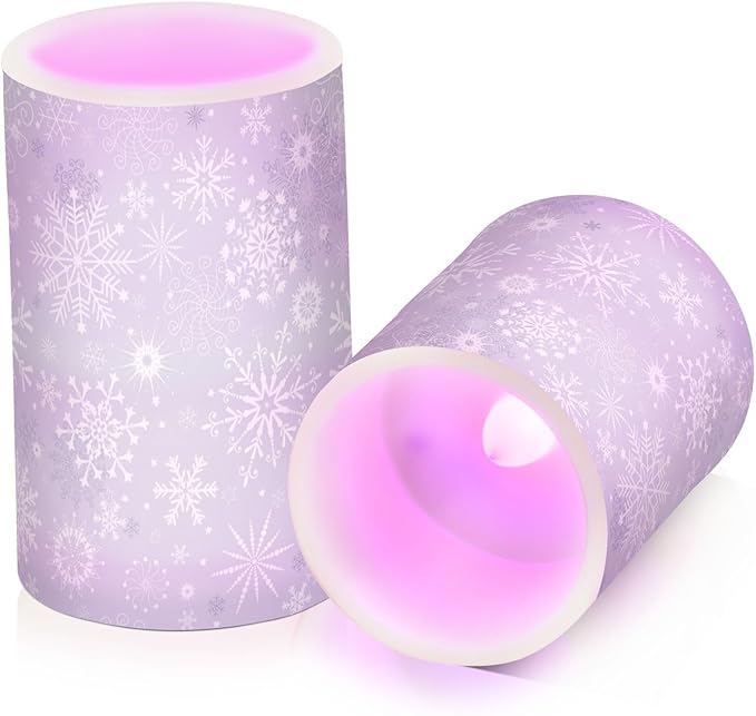ALAZA Gray White Winter Snowflakes Christmas Flickering Flameless Candles Battery Operated with Remote Timer,Tea Light Candles LED Pillar Votive Candles Set of 2 for Outdoor Indoor Decorations