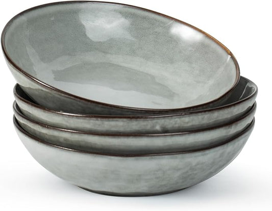 famiware Large Pasta Bowls Set of 4, Ocean Round 8.5" Pasta Serving Bowl Large Dinner Bowls, Kitchen Bowl Set, Microwave and Dishwasher Safe, Scratch Resistant, Grey