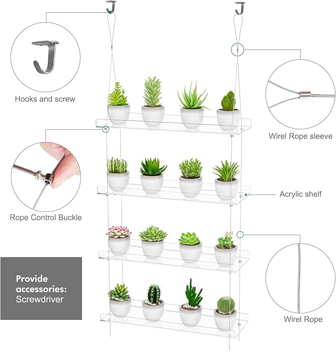 Clear Hanging Window Plant Shelves,2-Pack 4-Tier,Indoor Windows Wall Hanging Plant Stand Flower Display,Flower Pot Organizer Storage for Window Grow Herbs,Microgreens,Succulents,Flowe4,16-Inch
