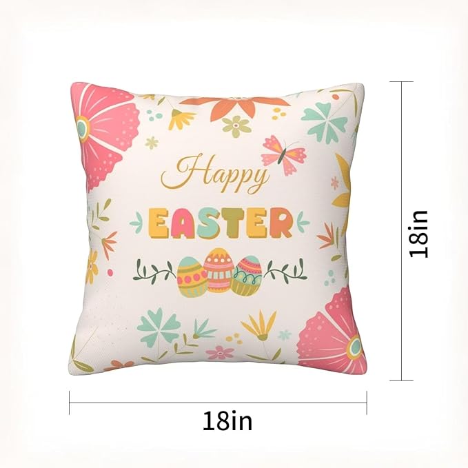 Easter Throw Pillow Covers 18 x 18 Inch Set of 4 Happy Easter Eggs Bunny Rabbits Pink Spring Decor Cushion Covers for Home Sofa Couch Decoration