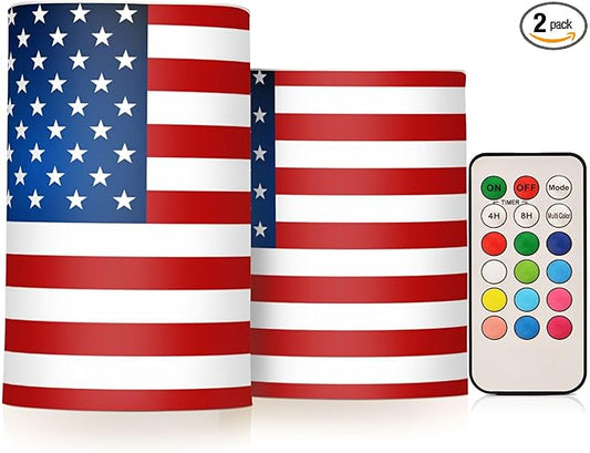 ALAZA US American Flag Independence Day 4th of July Flickering Flameless Candles Battery Operated with Remote Timer,Tea Light Candles LED Pillar Votive Candles Set of 2 for Outdoor Indoor Decorations