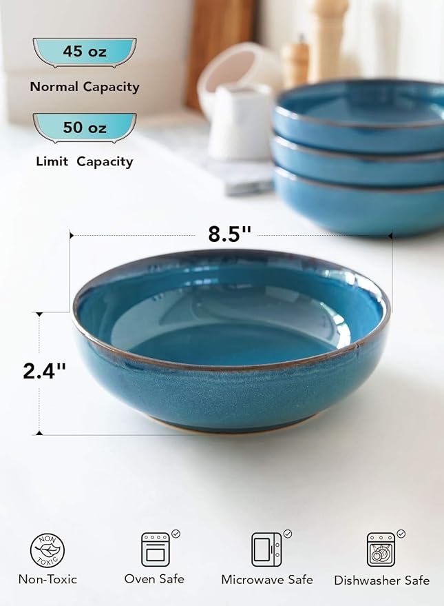 LE TAUCI Pasta Bowls 45 Ounce, Ceramic Salad Bowl, Large Serving Bowl Set - Set of 4, Ceylon Blue