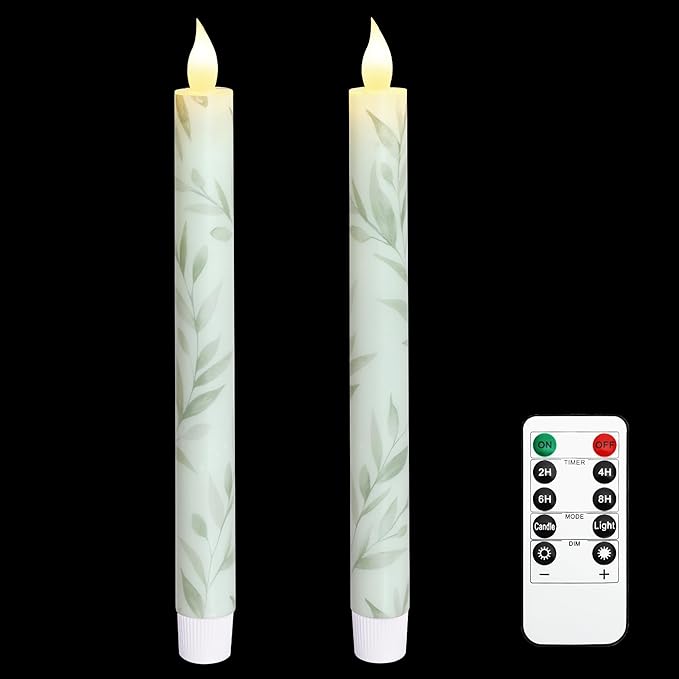Willow Leaf Flameless Taper Candles with Remote & Timer Real Wax LED Taper Candles Flickering Candlesticks Battery Operated Candle for Home Wedding Party Summer Fall Christmas Decor 2 Pack 9.6"