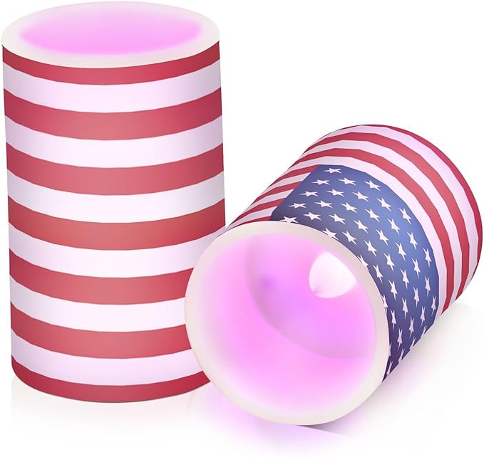 ALAZA US American Flag Independence Day 4th of July Flickering Flameless Candles Battery Operated with Remote Timer,Tea Light Candles LED Pillar Votive Candles Set of 2 for Outdoor Indoor Decorations