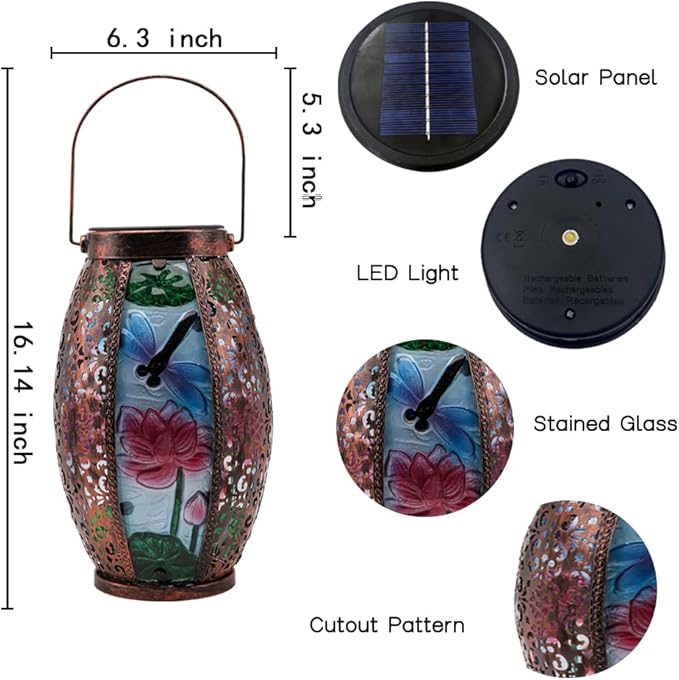 2PCS Dragonfly Solar Lanterns Glass & Metal Hanging Light Outdoor Waterproof 16" H Tabletop Lamp with Hollowed-Out Design with Shepherd's Hooks for Garden Patio Table Decor