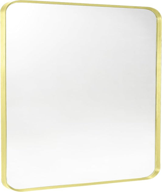 Gold Metal Framed Bathroom Mirror for Wall, Brushed Gold Rounded Corner Rectangular Bathroom Vanity Mirror, Anti-Rust, Tempered Glass (30" x 36", Gold)