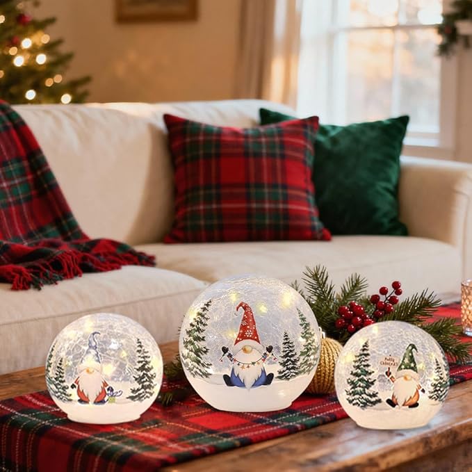 YEAHOME Christmas Decorations Indoor, 3 Pcs Lighted Gnomes Christmas Snow Globes Home Decor, Christmas Table Decorations LED Crackle Glass Ball with Timer for Living Room Fireplace Tabletop