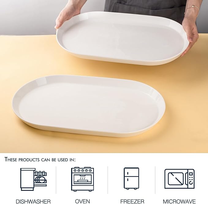 16" Large Serving Platter - Oval Large Serving Tray, Ceramic Turkey Platters, White Platters for Serving Food, Appetizers, Entertaining, Party, Set of 2