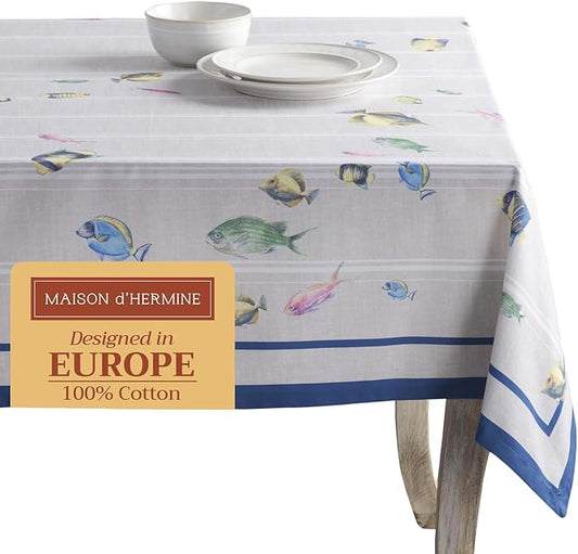 Maison d' Hermine Table Cloth Rectangle Table 100% Cotton 60 x 120 Inches Tablecloth Reusable Decorative Everyday Use for Dining Room, Farmhouse, Home, Party, Festive & Wedding Spring Summer - Poisson