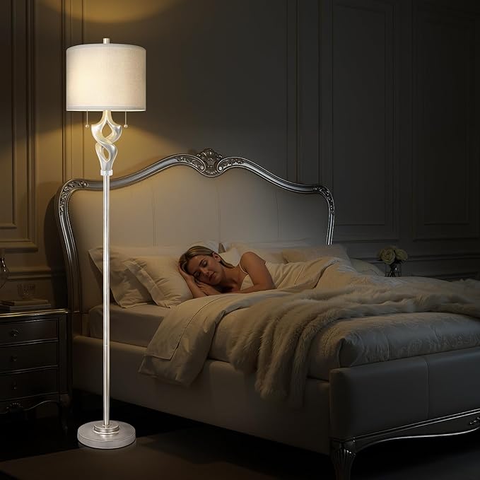 Scenekoy Sculptural 65.5” Floor Lamp for Living Room Bedroom, Silver Leaf Finish & Resin Body, Pull Chains Switch Standing Lamp, Brightness Adjustable Corner Lamp with Bulb Prefer for Home Office Bar