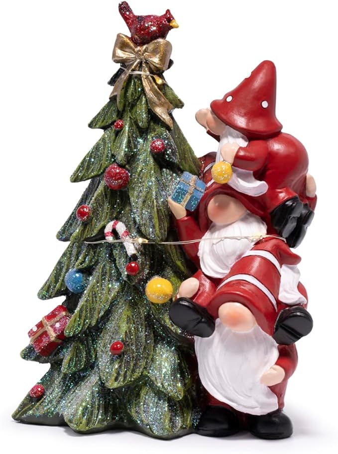 Hodao Christmas Tree Figurine Decorations — Lighted Hand-Painted Resin Gnomes Climbing with Cardinal, Tabletop Decor for Family or Friends | Mantel, Shelf, Living Room Display