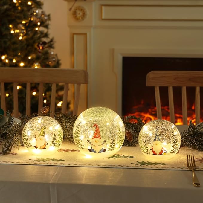 YEAHOME Christmas Decorations Indoor, 3 Pcs Lighted Gnomes Christmas Snow Globes Home Decor, Christmas Table Decorations LED Crackle Glass Ball with Timer for Living Room Fireplace Tabletop