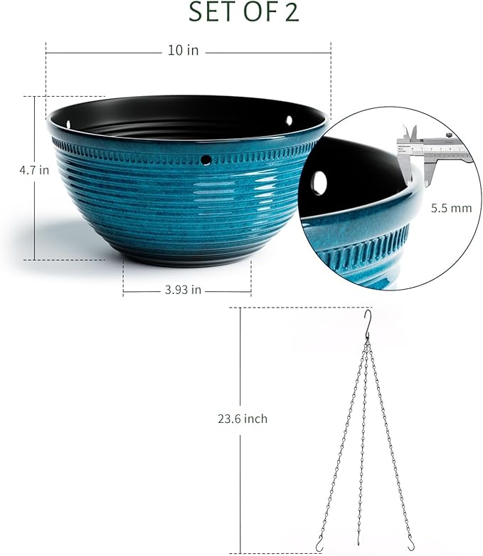 2 Pack Hanging Planters for Indoor Outdoor Plants, 10 Inch Hanging Planter with Drainage Hole & Plug Glazed Hanging Baskets Flower Pots for Garden Home (Blue)