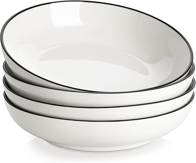 MALACASA 8.85" Large Pasta Bowls, 42 OZ White Salad Bowls Soup Bowls, Porcelain Serving Bowls Set of 4, Ivory White & Black Rim, Microwave & Dishwasher Safe, Series REGULAR