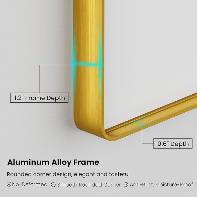 Gold Bathroom Mirror, 48x30 Inch Brushed Gold Metal Frame Mirror for Wall, Rounded Rectangle Bathroom Vanity Mirror, Tempered Glass, Anti-Rust, Horizontal/Vertical