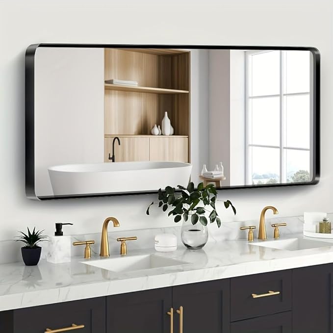 Black Bathroom Mirror 72X32 Inch, Black Metal Framed Mirror for Wall, Rounded Rectangle Matte Bathroom Vanity Mirror with Tempered Glass, Anti-Rust, Horizontal/Vertical