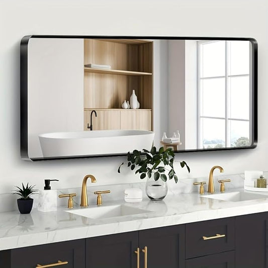 Black Bathroom Mirror 72X32 Inch, Black Metal Framed Mirror for Wall, Rounded Rectangle Matte Bathroom Vanity Mirror with Tempered Glass, Anti-Rust, Horizontal/Vertical