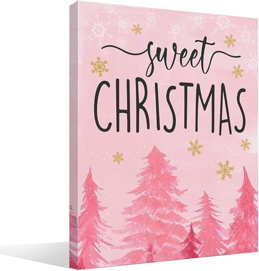 BIWSHA Pink Christmas Wall Art Prints,Retro Vintage Christmas Xmas Tree Wall Decor,Christmas Winter Holiday Wall Art Prints for Living Room Bedroom Kitchen Decor 11x14 Inch