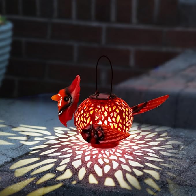 2 Pack Cardinal Solar Lanterns Outdoor Hanging with Handle, Metal Tabletop Solar Lanterns Outdoor Waterproof, LED Light Solar Lantern for Table Pathway Patio Yard Christmas Gifts