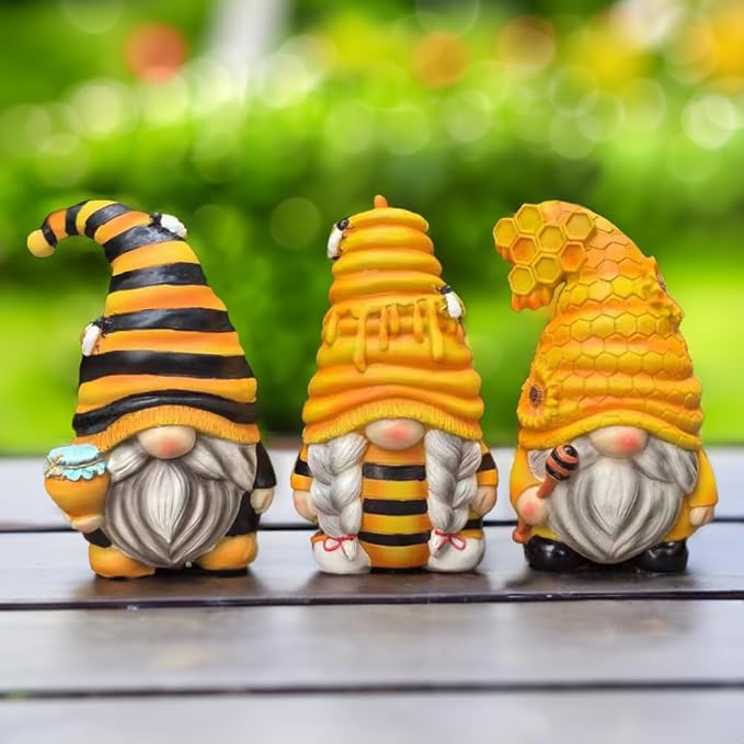 Spring & Summer-Themed Garden Statues – Adorable Outdoor Decor for Lawn, Patio & Porch (Buzzy Trio Set of Three Bumble Bee Gnome Figurines, 6" Tiered Tray Home or Garden Decoration)
