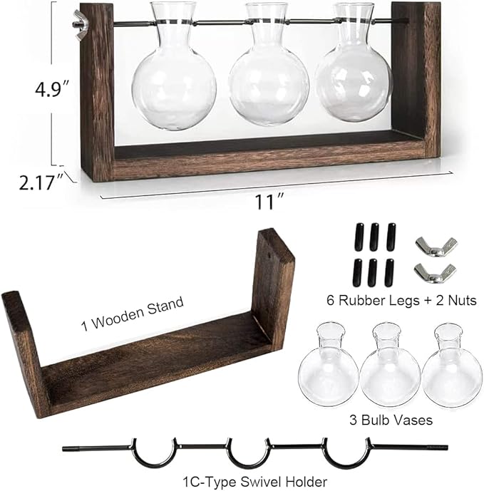 Ivolador Plant Terrarium, Wall Hanging Glass Planter with Wooden Stand Tabletop Propagation Station with Metal Swivel Holder Retro Rack 3 Bulb Containers for Hydroponics Plants Home Office Decor