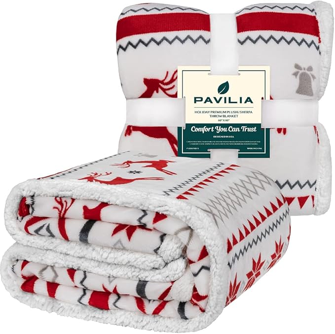 PAVILIA Red White Snowflake Reindeer Christmas Sherpa Throw Blanket, Soft Reversible Fleece Sherpa 50x60 Winter Blanket for Couch & Bed, Christmas Decor