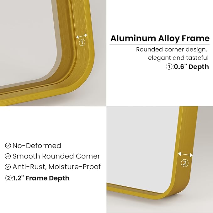 Gold Bathroom Mirror, 22x30 Inch Brushed Gold Metal Frame Mirror for Wall, Rounded Rectangle Bathroom Vanity Mirror, Tempered Glass, Anti-Rust, Horizontal/Vertical
