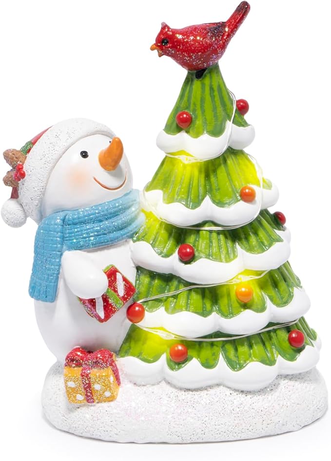 Hodao Christmas Tree Figurine Decorations — Lighted Hand-Painted Resin Snowman with Cardinal, Tabletop Decor for Family or Friends | Mantel, Shelf, Living Room Display