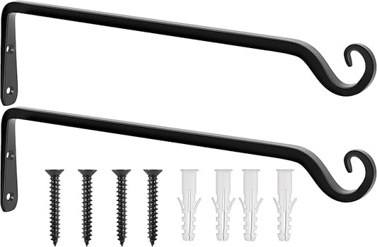 Gtongoko 2 Pack 15 Inch Plant Hangers Outdoor Metal Hanging Plant Bracket Bird Feeder Wall Hooks for Hanging Flower Basket, Wind Chimes, Solar Lanterns, Black