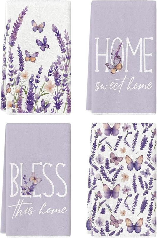 Artoid Mode Butterfly Lavender Sweet Home Spring Kitchen Towels Dish Towels, 18x26 Inch Farmhouse Summer Decoration Cleaning Set of 4