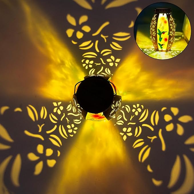 Hummingbird Solar Lanterns Outdoor Waterproof,Stained Glass & Metal Solar Lantern,Hanging Solar Lantern with Hollowed-Out Design,Hummingbird Tabletop Lamp Solar Lights for Yard Garden Patio