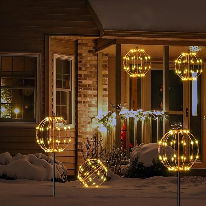 LIGHTSHARE 10IN 48LED Light Ball Yard Decoration Pathway Lights Sphere Light with Fold Flat Metal Frame Indoor Outdoor Waterproof Garden Lights, Brown Frame / Warm White Lights, 10