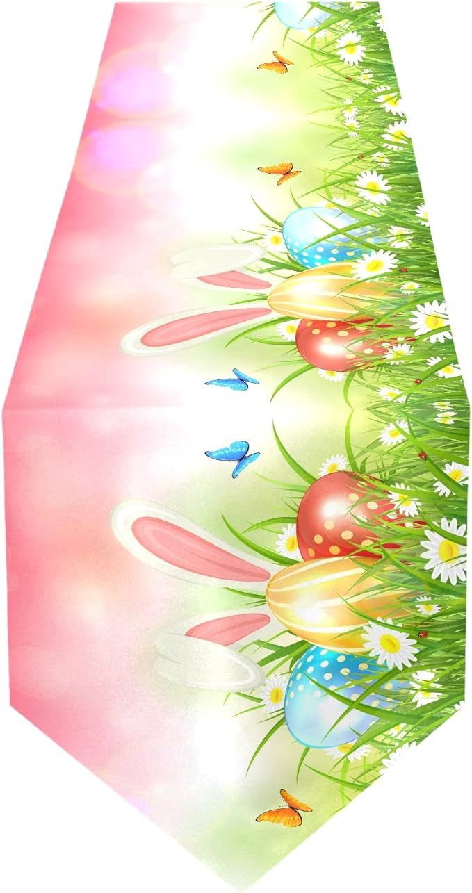 ALAZA Double-Sided Spring Pink Background with Rabbit and Easter Eggs Table Runner 18x72 Inches Long,Table Cloth Runner for Wedding Birthday Party Kitchen Dining Home Everyday Decor