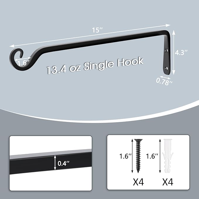 Gtongoko 2 Pack 15 Inch Plant Hangers Outdoor Metal Hanging Plant Bracket Bird Feeder Wall Hooks for Hanging Flower Basket, Wind Chimes, Solar Lanterns, Black