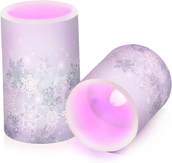ALAZA Silver Winter Abstract Snowflakes Christmas Flickering Flameless Candles Battery Operated with Remote Timer,Tea Light Candles LED Pillar Votive Candles Set of 2 for Outdoor Indoor Decorations