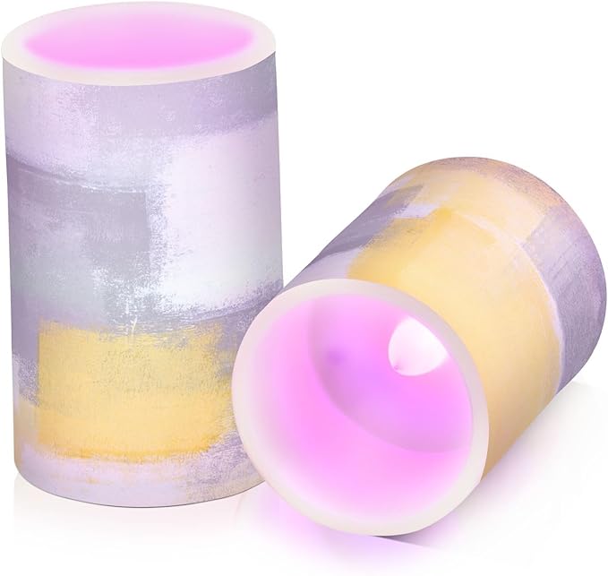 ALAZA Grey and Yellow Abstract Art Painting Flickering Flameless Candles Battery Operated with Remote Timer,Tea Light Candles LED Pillar Votive Candles Set of 2 for Outdoor Indoor Decorations